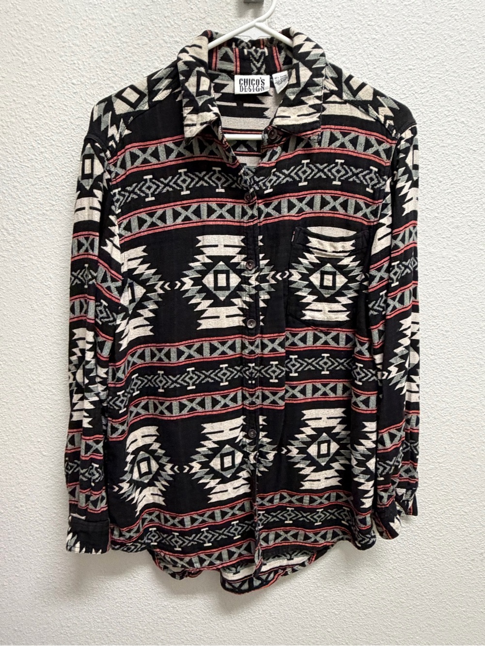 VTG Chico's Black Aztec-Pattern Button Down with Cream & Red Accents
